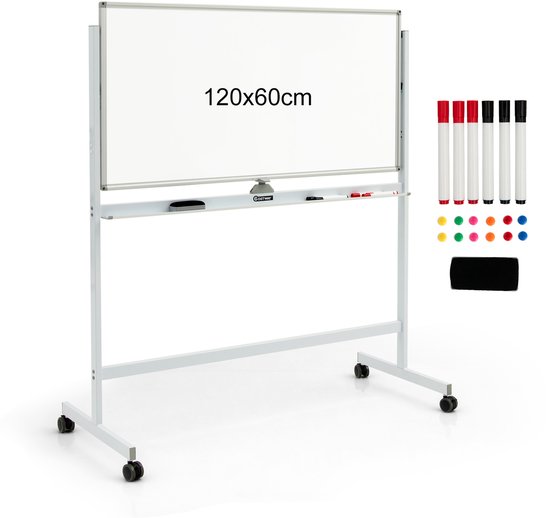 COSTWAY Dubbelzijdig Magnetisch Mobiel Whiteboard, Verstelbaar Mobiel Droog Schrijfbord op Wielen met 6 Markers, 12 Magneten &1 Gum, Grote Mobiele Rolling Magnetische Whiteboard voor Huis, Kantoor & School (Wit)