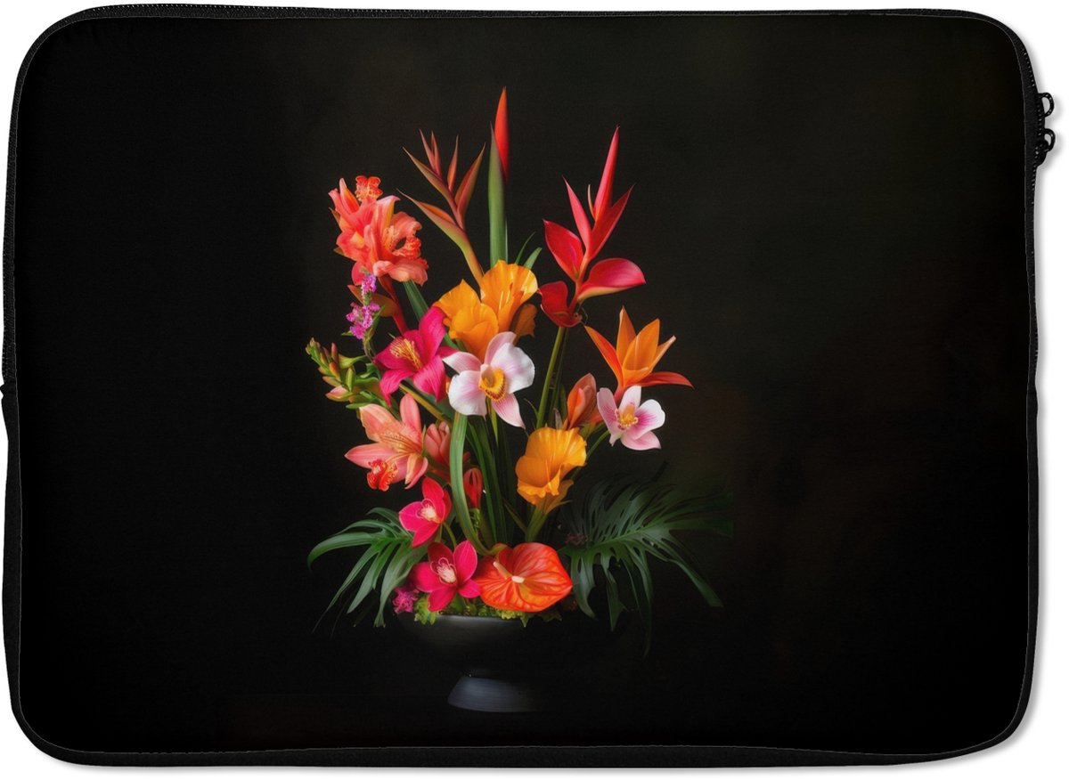 Laptophoes 14 inch - Boeket - Bloemen - Exotisch - Laptop sleeve - Binnenmaat 33x23 cm - Zwarte achterkant
