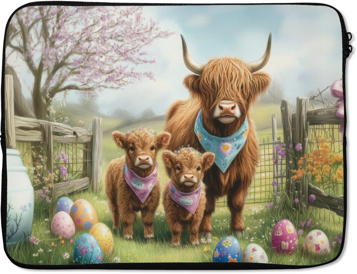 Laptophoes 15.6 inch - Schotsehooglanders - Paaseieren - Lente - Laptop sleeve - Binnenmaat 37x26 cm - Zwarte achterkant