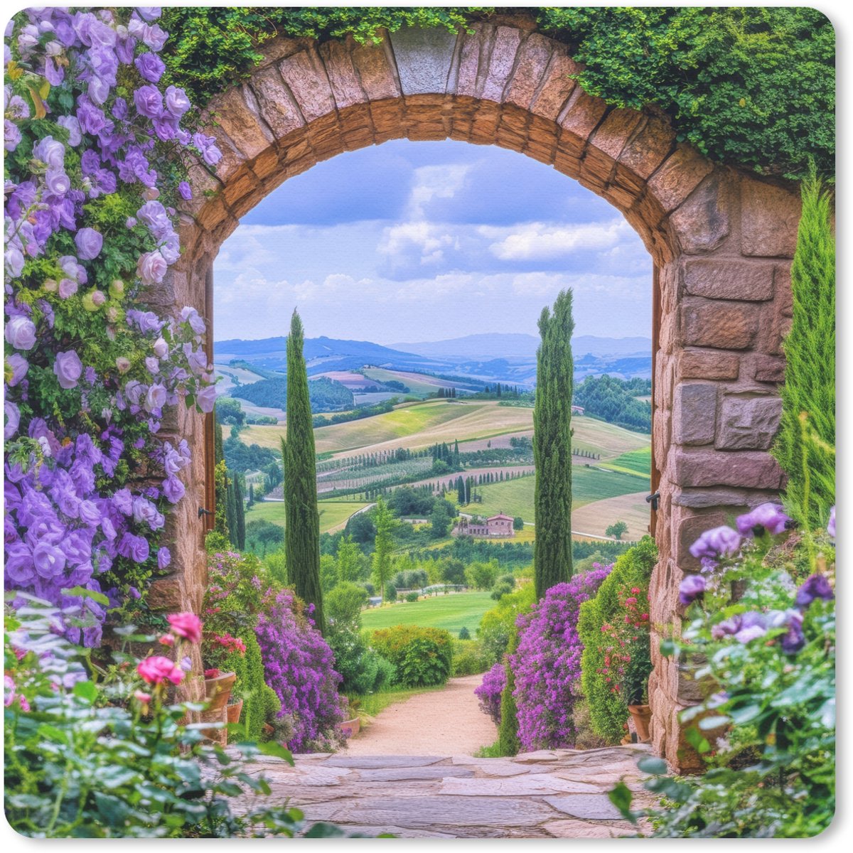 Muismat 20x20 cm - Mousepad Doorkijk - Toscane - Landschap - Poort - Muismatten