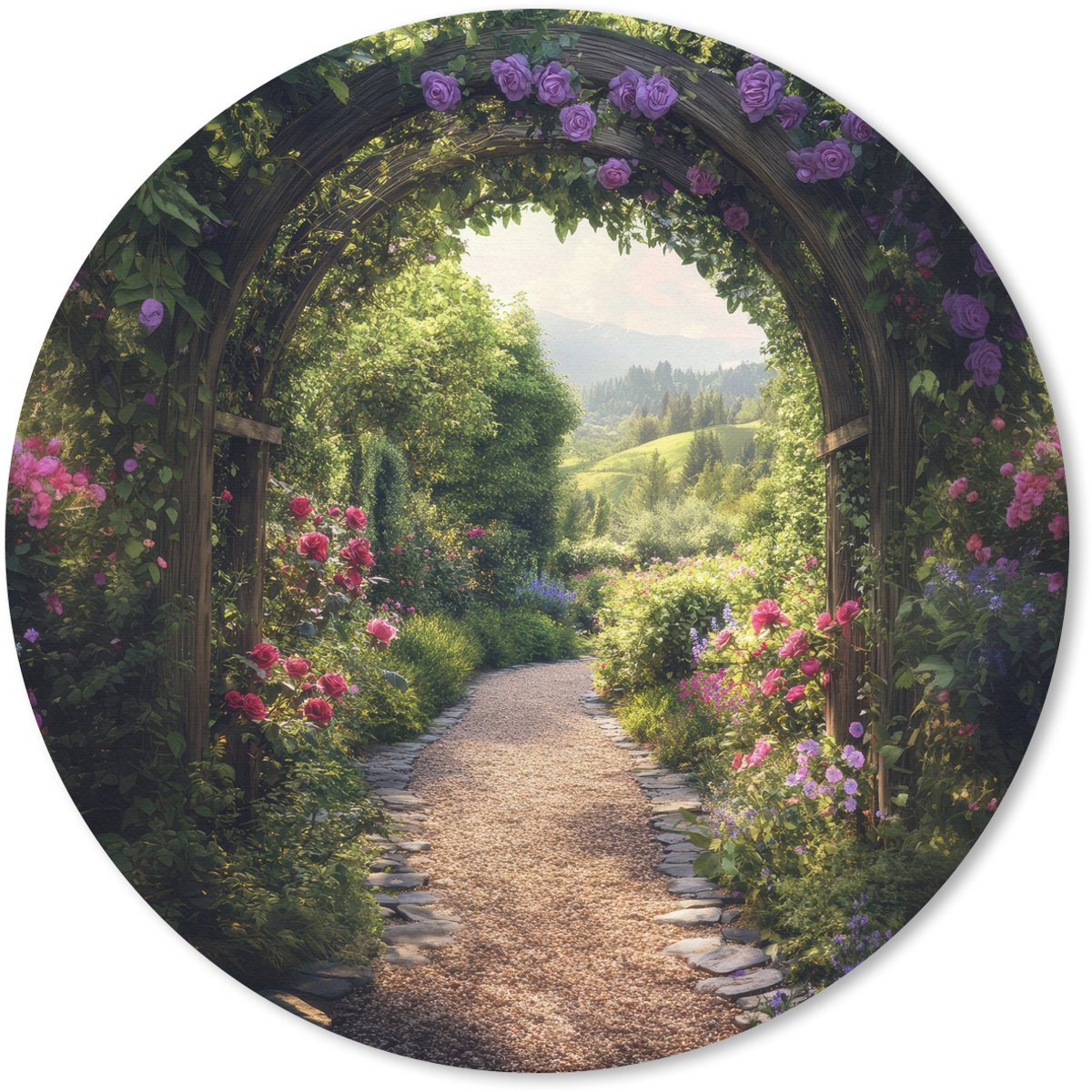 Muismat rond 30x30 cm - Mousepad Doorkijk - Landschap - Bloemen - Tuinboog - Natuur - Ronde muismatten