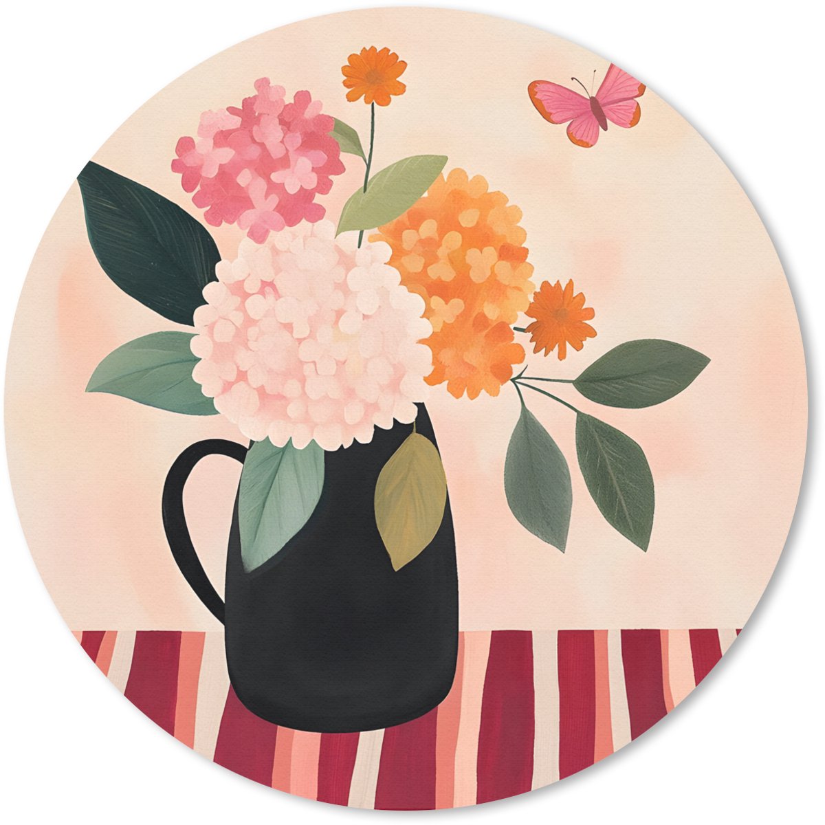 Muismat rond 20x20 cm - Mousepad Vaas - Bloemen - Vlinder - Rood - Ronde muismatten