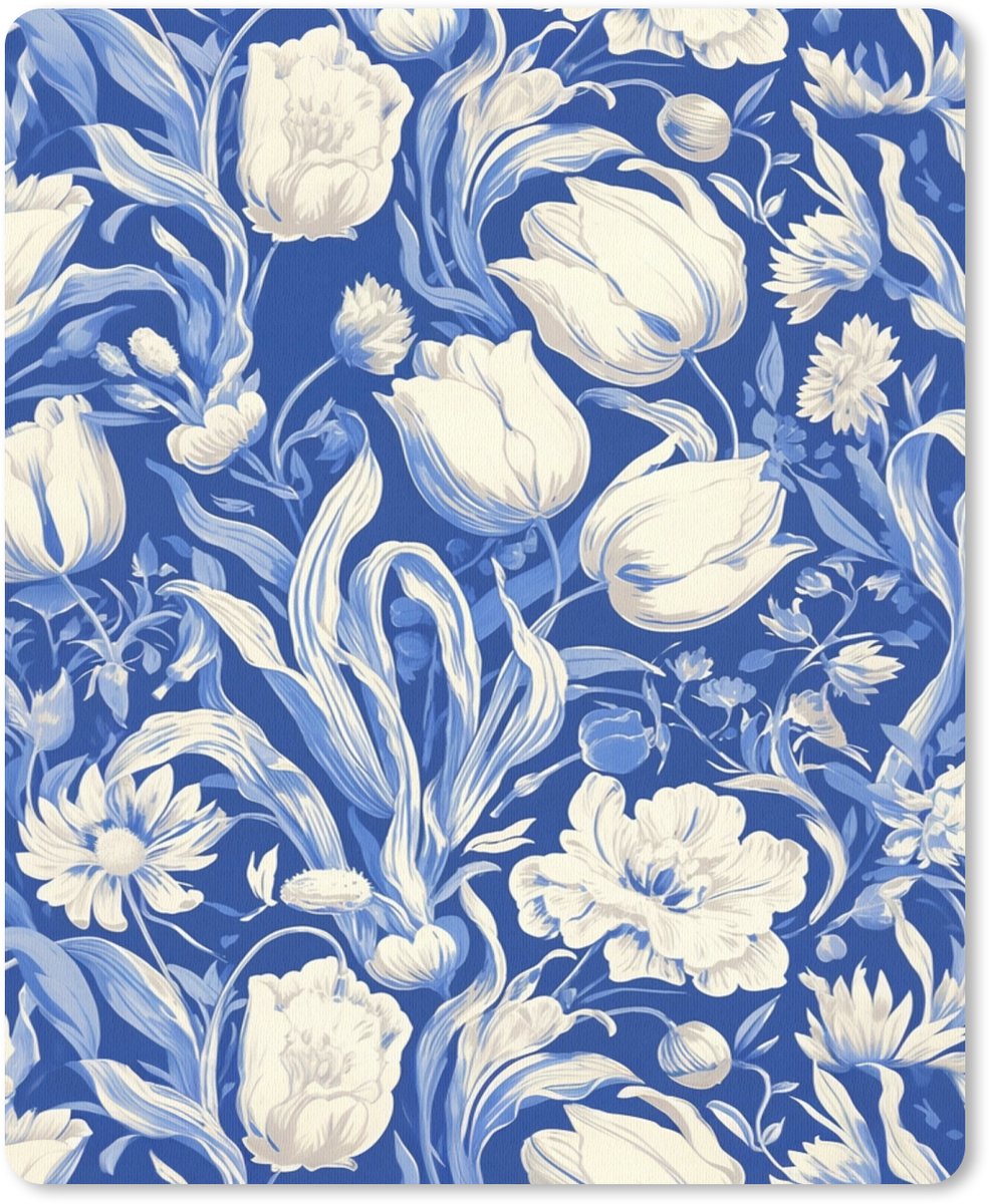 Muismat 19x23 cm - Mousepad Bloemen - Delfts Blauw - Patroon - Tulp - Muismatten