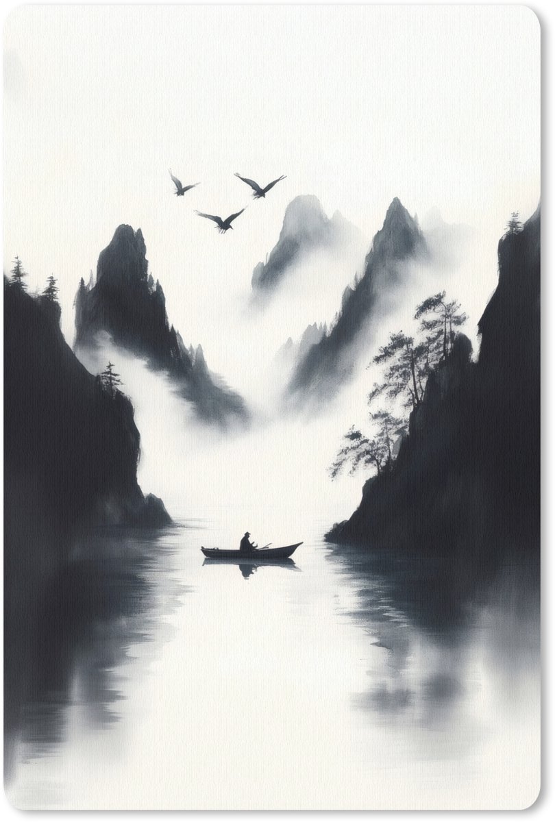 Muismat 18x27 cm - Mousepad Roeiboot - Mistig - Bergen - Vogels - Muismatten
