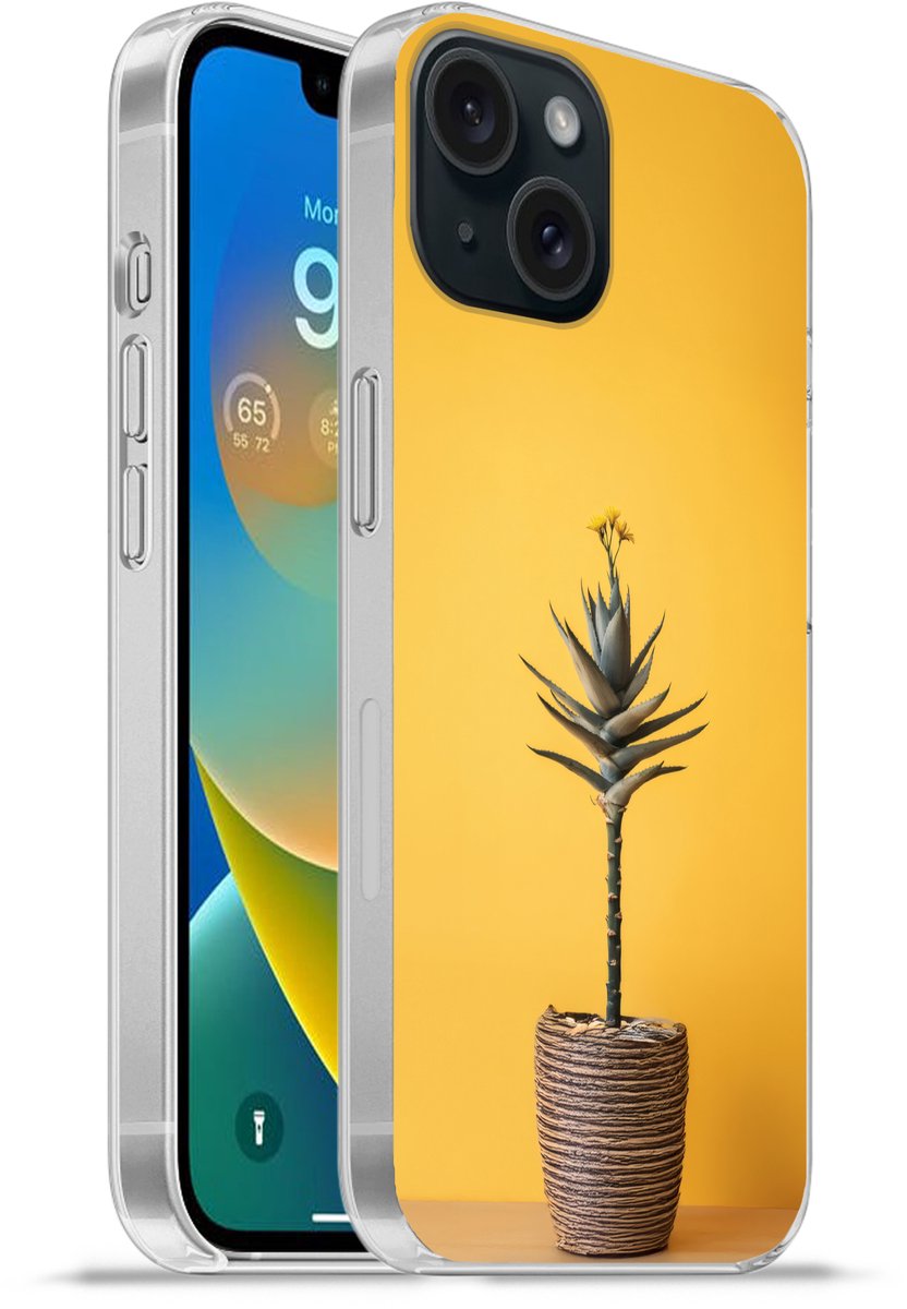 Telefoonhoesje Geschikt voor iPhone 15 hoesje - Plant - Minimalistisch - Bloem - Geel - Siliconen Telefoonhoesje Telefoonhoesje