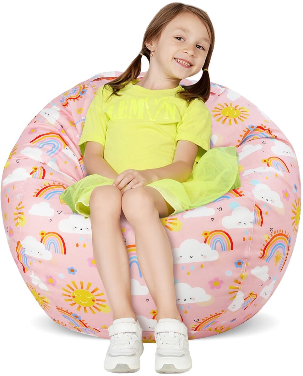 Ibenzoa® Veelzijdige Zitzak voor Kinderen met Opbergruimte voor Knuffels en Speelgoed, Regenboogwolken Ontwerp