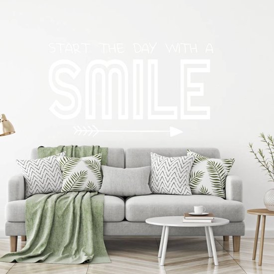 Muursticker Commencez la journée avec un Smile - Zwart - 80 x 44 cm - Muursticker4Sale