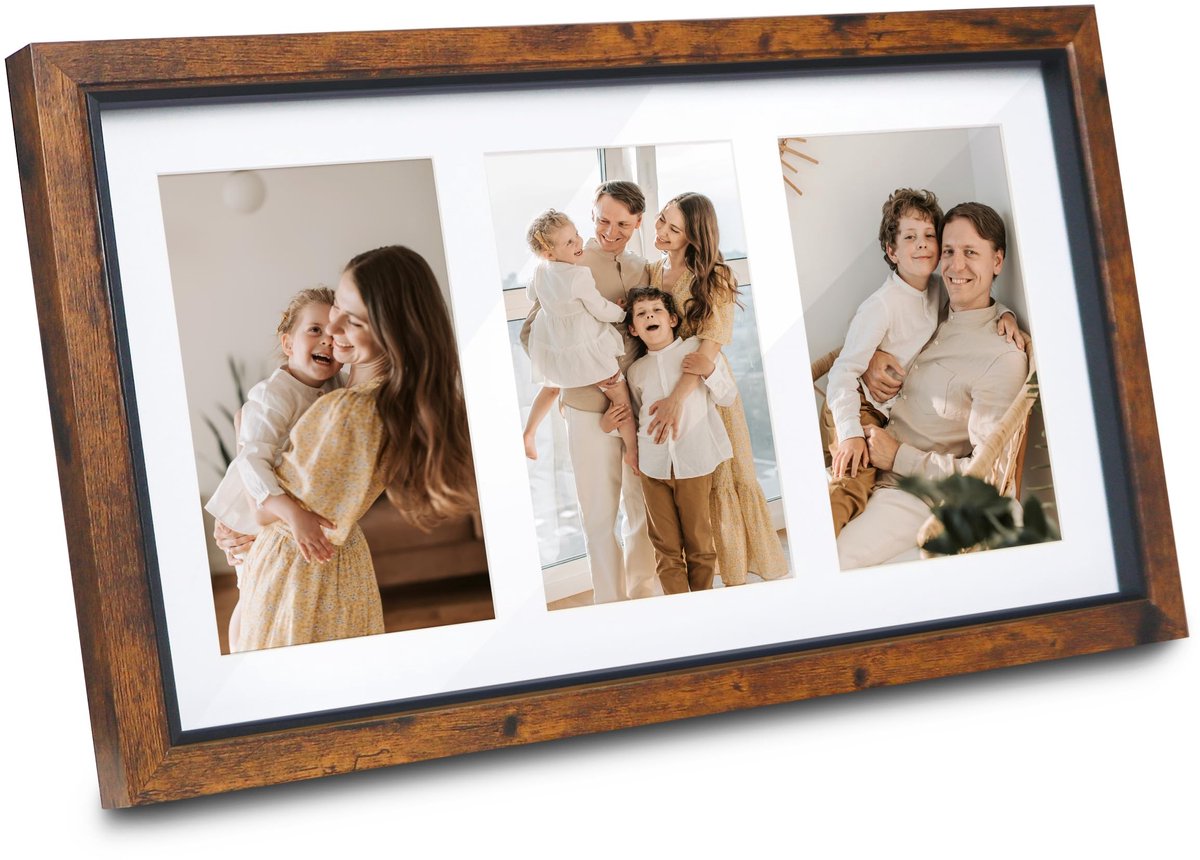 Ibenzoa Multifunctionele Houten Fotolijst voor Collage – Geschikt voor 3 Foto’s, Bruin, Wand- en Tafeldisplay