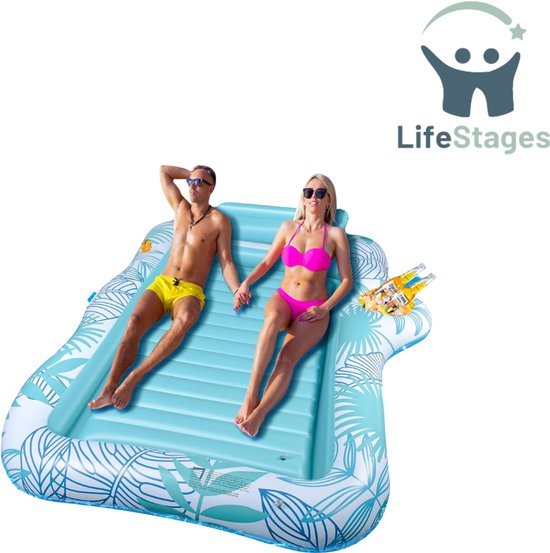 LifeStages - Tanning Bed - Opblaasbaar Luchtbed - Zwembad Double Deluxe Tanning Pool - Grote Waterhangmat voor Volwassenen - Opblaasbaar Zonnebad met Hoofdsteun en Bekerhouder - voor Zomer, Zwembad, Strand - Groen