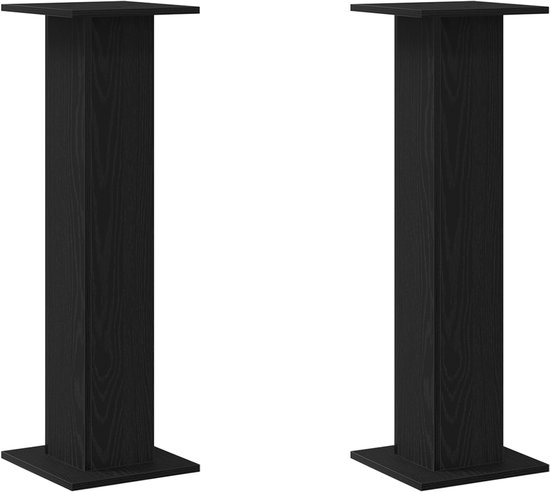 Deux supports de plantes noirs à placage chêne, sur fond blanc.