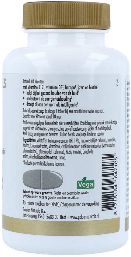 Achterkant van een fles Golden Naturals tabletten met ingrediëntenlijst. Tekst: 'Inhoud: 60 tabletten'.