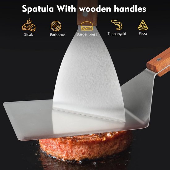 3 roestvrijstalen grillspatels set, planchaspatel voor smashburger set, keukenspatel, grillwender, houten handgreep burgerwenger, voor teppanyaki BBQ grillspatel accessoires cadeaus 20 burgerpapier