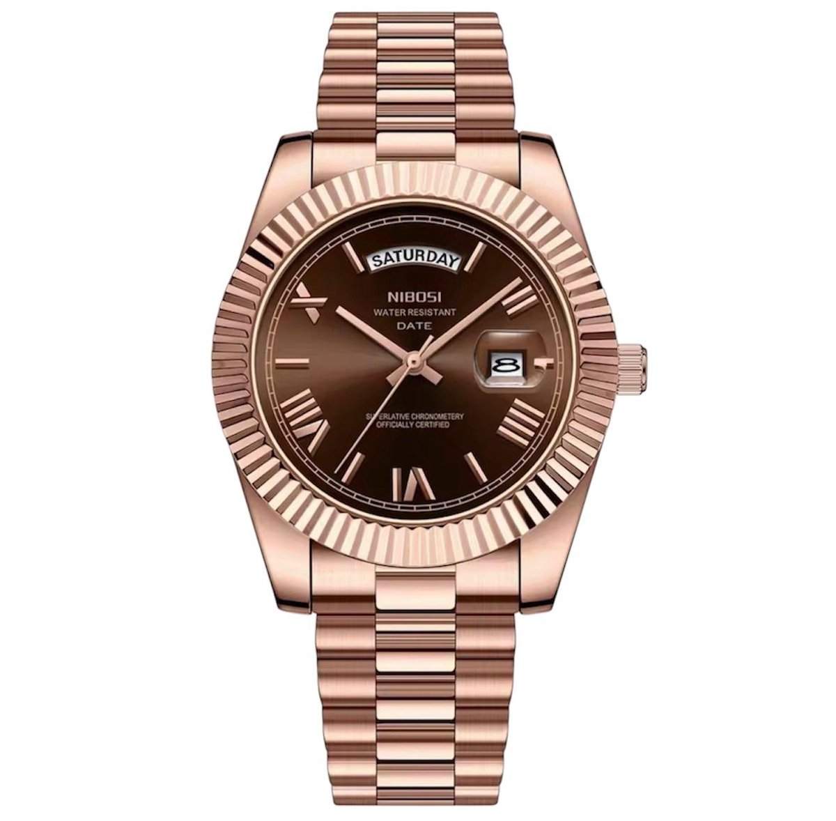 Nibosi - Luxe Herenhorloge - Polshorloge - Heren - Cadeau - Horloge - Geschenkdoos - Mannen - Rosé Chocolate Dial - RVS