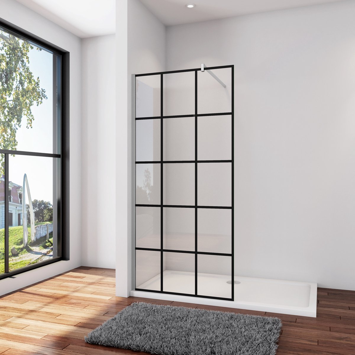 Douchewand-Inloopdouche 140x200cm met mat Zwart kader en raster 8mm NANO EasyClean veiligheidsglas F-Form 140cm Stabilisatiestang