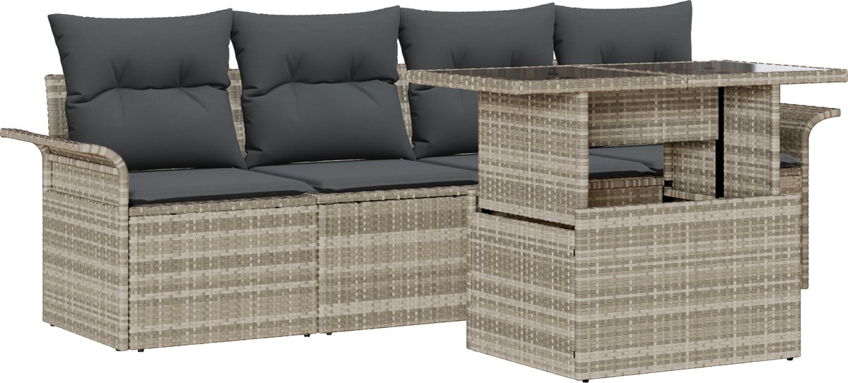 vidaXL - Tuinbank - Set - met - kussen - met - opslag - 5 - pcs - Lichtgrijs - Poly - Riet