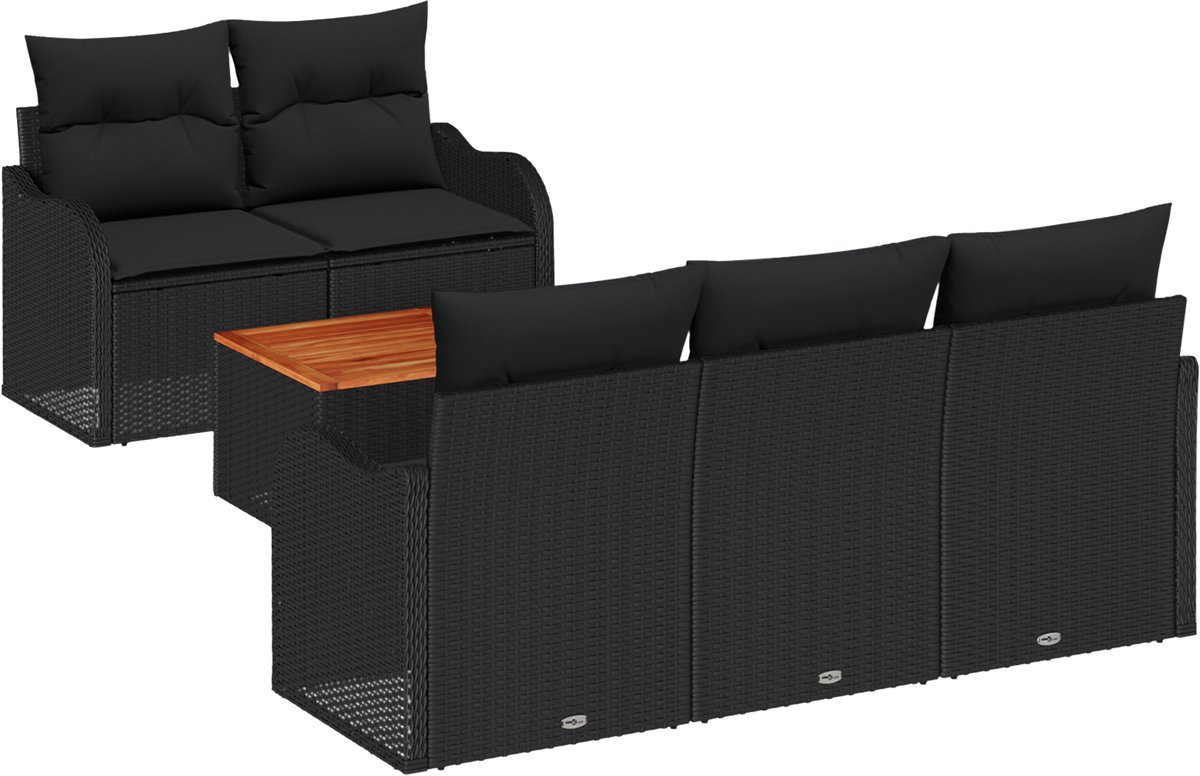 vidaXL - Tuinbank - Set - met - kussen - 6 - pcs - Zwart - poly - rattan