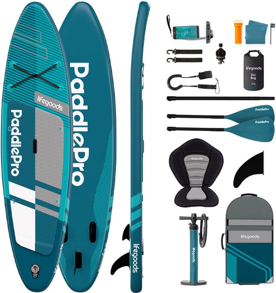 LifeGoods PaddlePro SUP Board Pro - Pro Set - Met Zitje - Opblaasbaar Paddle Board - Max. 150KG - 320x81cm - Deep Aqua