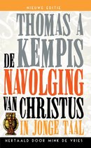 Boek "De navolging van Christus in jonge taal" door Thomas a Kempis, heruitgave door Mink de Vries. Met een kelk en een patroon van bloemen.