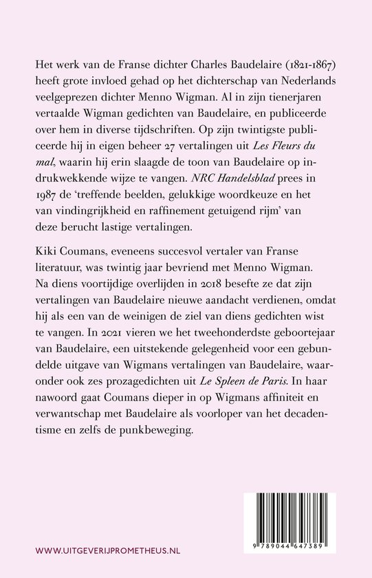 Achterkant van het boek met tekst over Charles Baudelaire, Menno Wigman en Kiki Coumans. ISBN: 9789044647389.