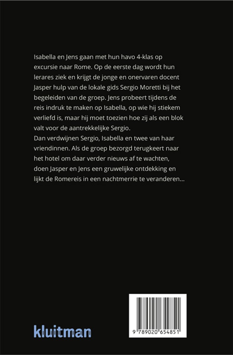 Achterkant van het boek "De excursie" met tekst en een barcode.