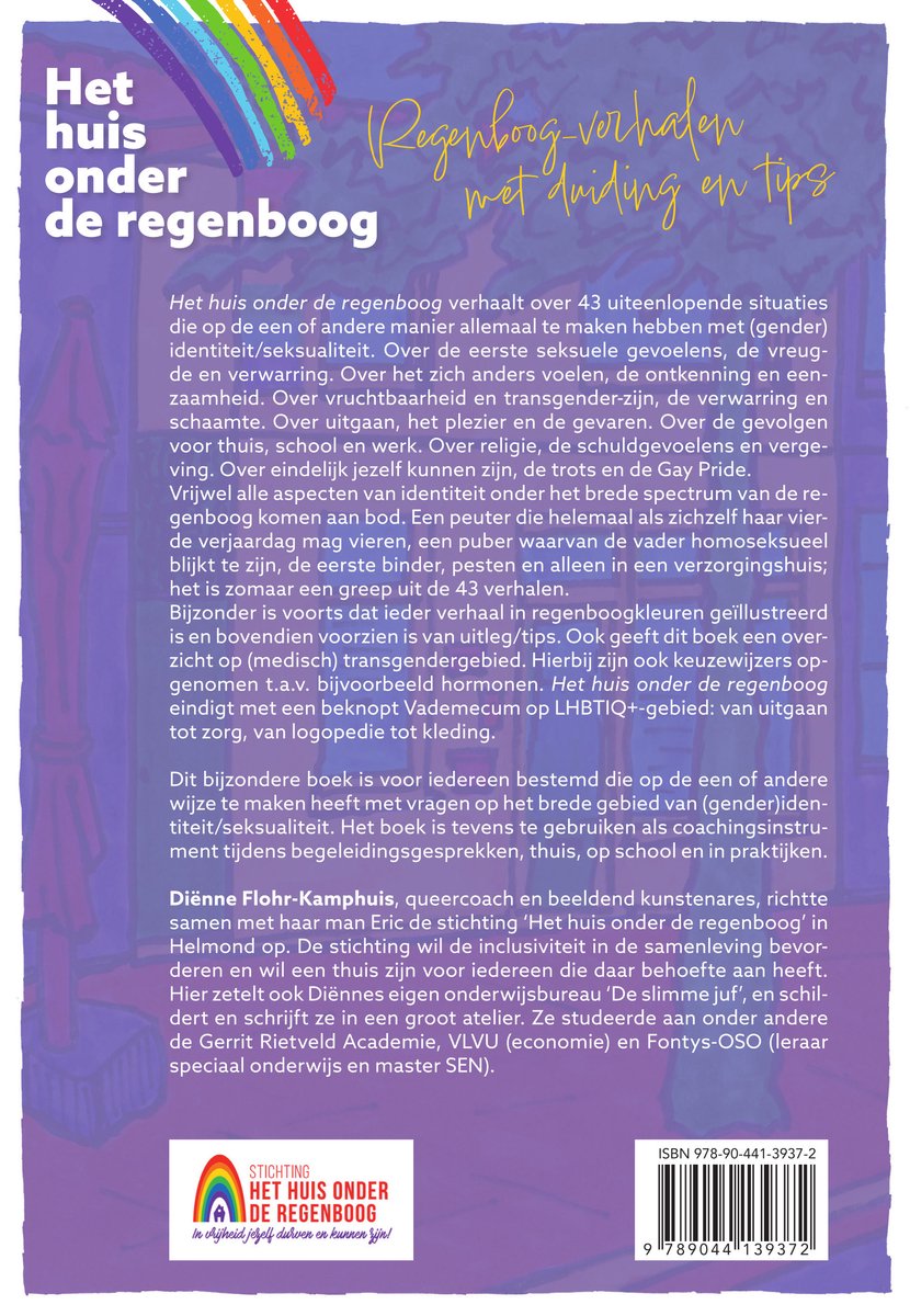 Boek 'Het huis onder de regenboog' met regenboogverhalen, duiding en tips. Illustratie van een regenboog, huis en regenboogstichting logo.