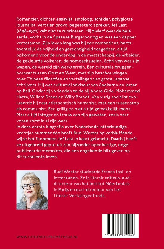 Portret van een vrouw met grijs haar, bril en rode sjaal, met tekst over Jef Last en Rudi Wester.