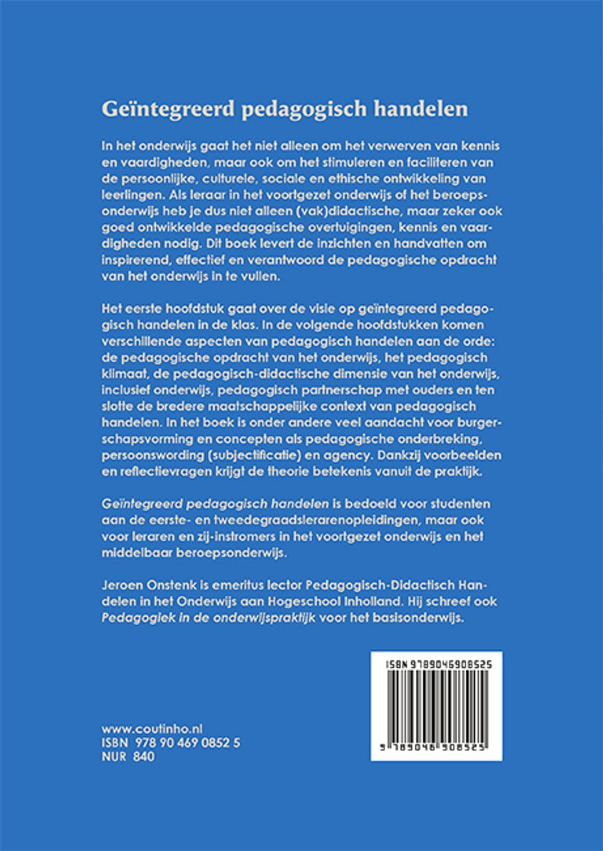 Achterkant van het boek 'Geïntegreerd pedagogisch handelen' met tekst over de inhoud en auteur, Jeroen Onstenk.
