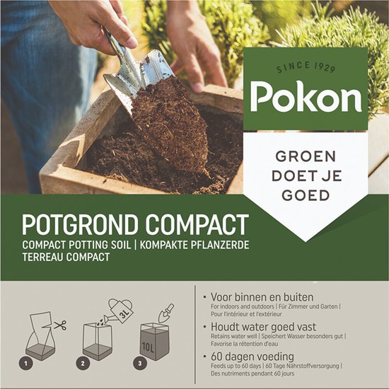 Pokon Potgrond Compact verpakking, met een hand die aarde schept met een schep.