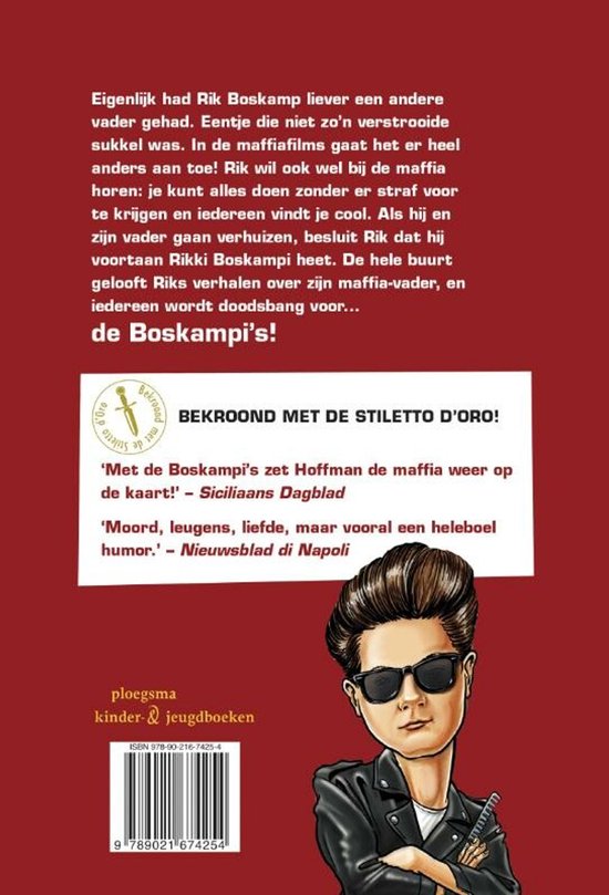 Achterkant van het boek De Boskampi's met een karikatuur van de hoofdpersoon en tekst over het verhaal, bekroningen en uitgever.
