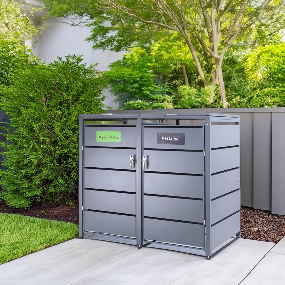 Albatros afvalcontainerbox voor 2 containers | tot 240 liter | antracietgrijs RAL 7016 | verzinkt staal | premium dempers | stickerset | weerbestendig | verstelbare poten | deurklink met slot | tuinbox — afbeelding 6
