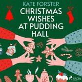 Kerstversiering, kerstkoekjes, dennentakken en een kerstmuts op een groene achtergrond. Tekst: KATE FORSTER CHRISTMAS WISHES AT PUDDING HALL.