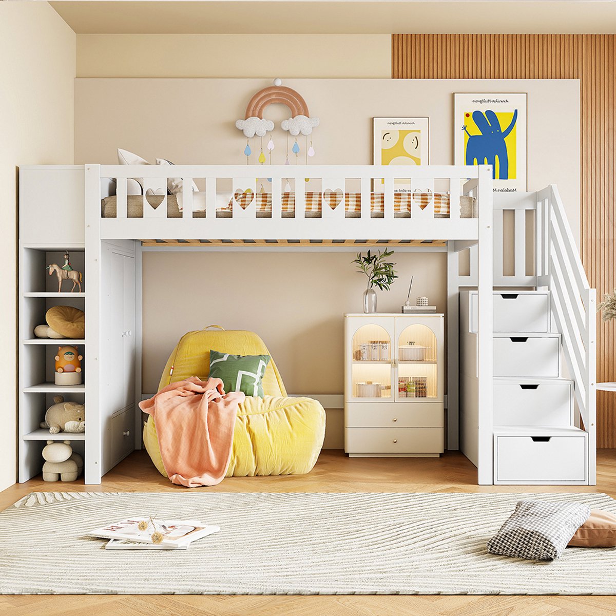Pugsdrly Eenpersoonsbed Mezzaninebed Kinderbed 90x200 cm opberg ladder planken opvouwbare kast vrije ruimte onder het bed wit