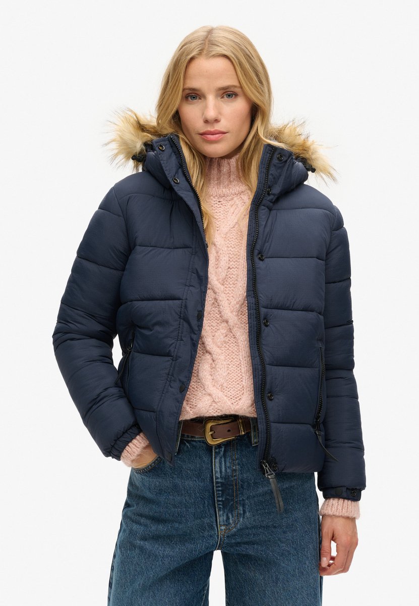 Superdry Kort pufferjack met capuchon met imitatiebont Dames Gewatteerde jassen Marineblauw