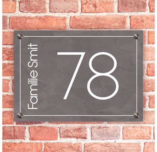 Plaque de porte d'entrée rectangulaire, grise avec cadre blanc - 20 x 14 cm - Matériel de fixation en acier inoxydable inclus