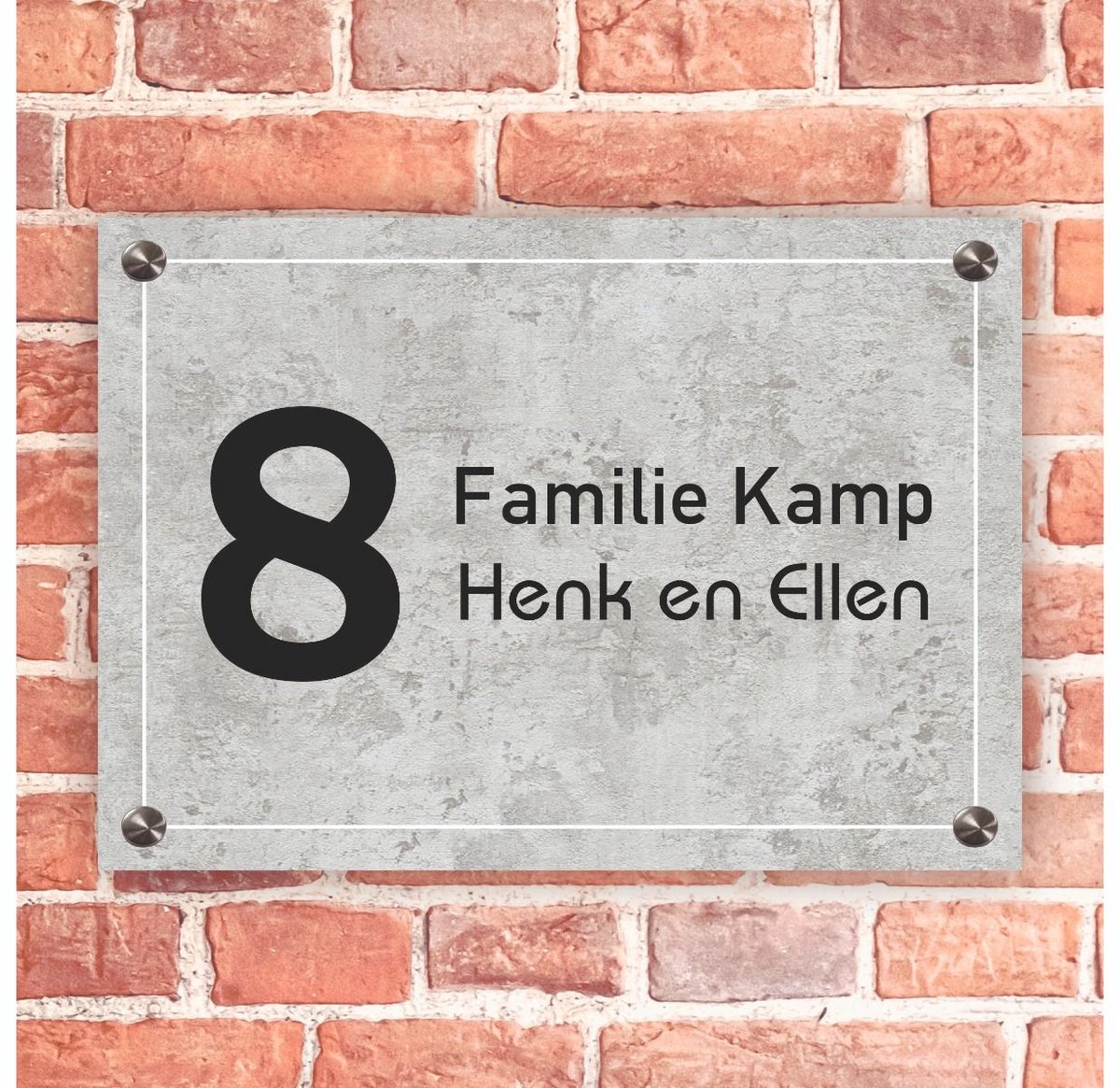 Naambordje voordeur rechthoek betonlook met wit kader - 20x14cm - Incl. RVS bevestigingsmateriaal