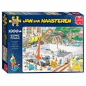 Doos van Jan van Haasteren puzzel "Bijna Klaar?" 1000 stukjes. Een drukke bouwscène met betonmolen, hijskraan en veel bouwvakkers.