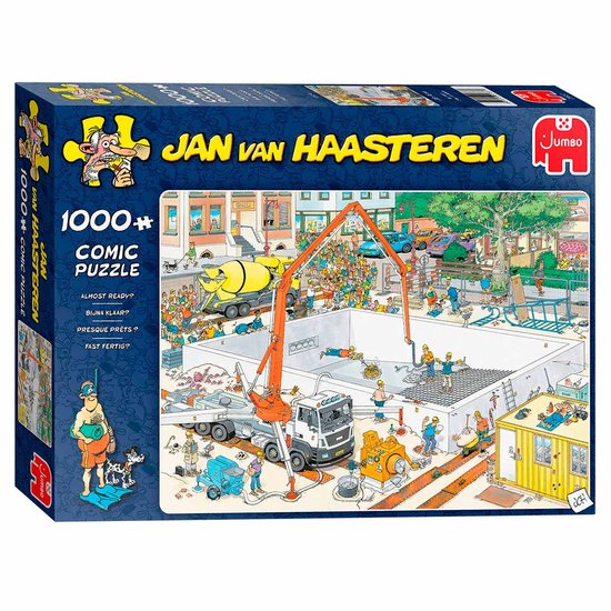 Doos van Jan van Haasteren puzzel "Bijna Klaar?" 1000 stukjes. Een drukke bouwscène met betonmolen, hijskraan en veel bouwvakkers.