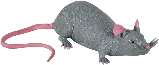 Grijze speelgoedrat met roze oren, poten en staart.