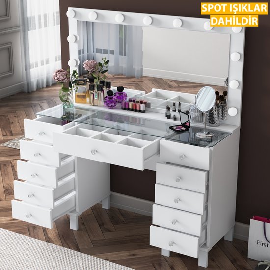 Maquillage de Luxe avec miroir LED et 11 tiroirs – Organiseur de Vêtements et de Bijoux Witte