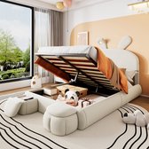 Sweiko Kinderbed - 140x200 cm - Hydraulisch bed - Konijnenoren met lampjes - Twee opbergbanken - Velvet - Beige