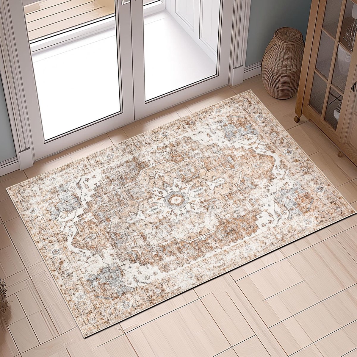 Ibenzoa Vintage Oosterse Bloem Entree Mat, 60x90cm, Rood Baksteen, Wasbaar, Superdun, Opvouwbaar baksteenrood