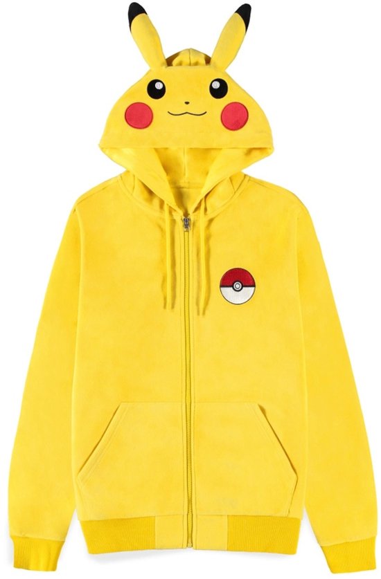 Gele Pikachu hoodie met capuchon met oren en een Pokeball-logo op de borst.