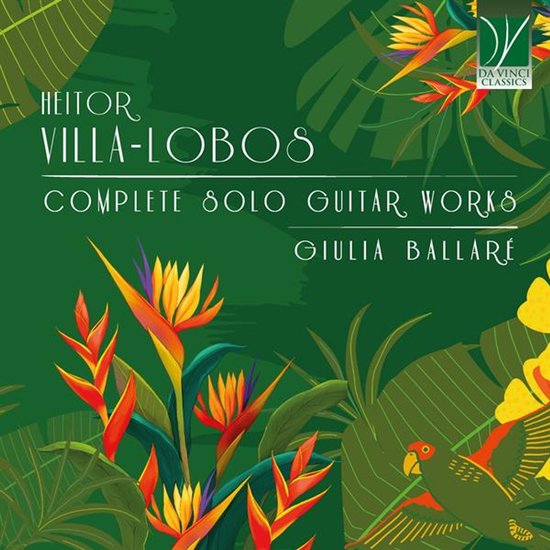 Boekhoes met Heitor Villa-Lobos: Complete Solo Guitar Works door Giulia Ballare. Groene achtergrond met tropische bladeren en bloemen, en een papegaai.