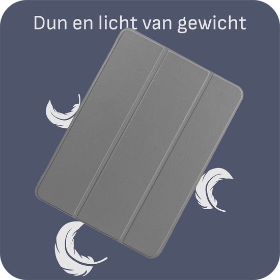Donkergrijze tablethoes toont het dunne en lichte ontwerp, omringd door veerillustraties.