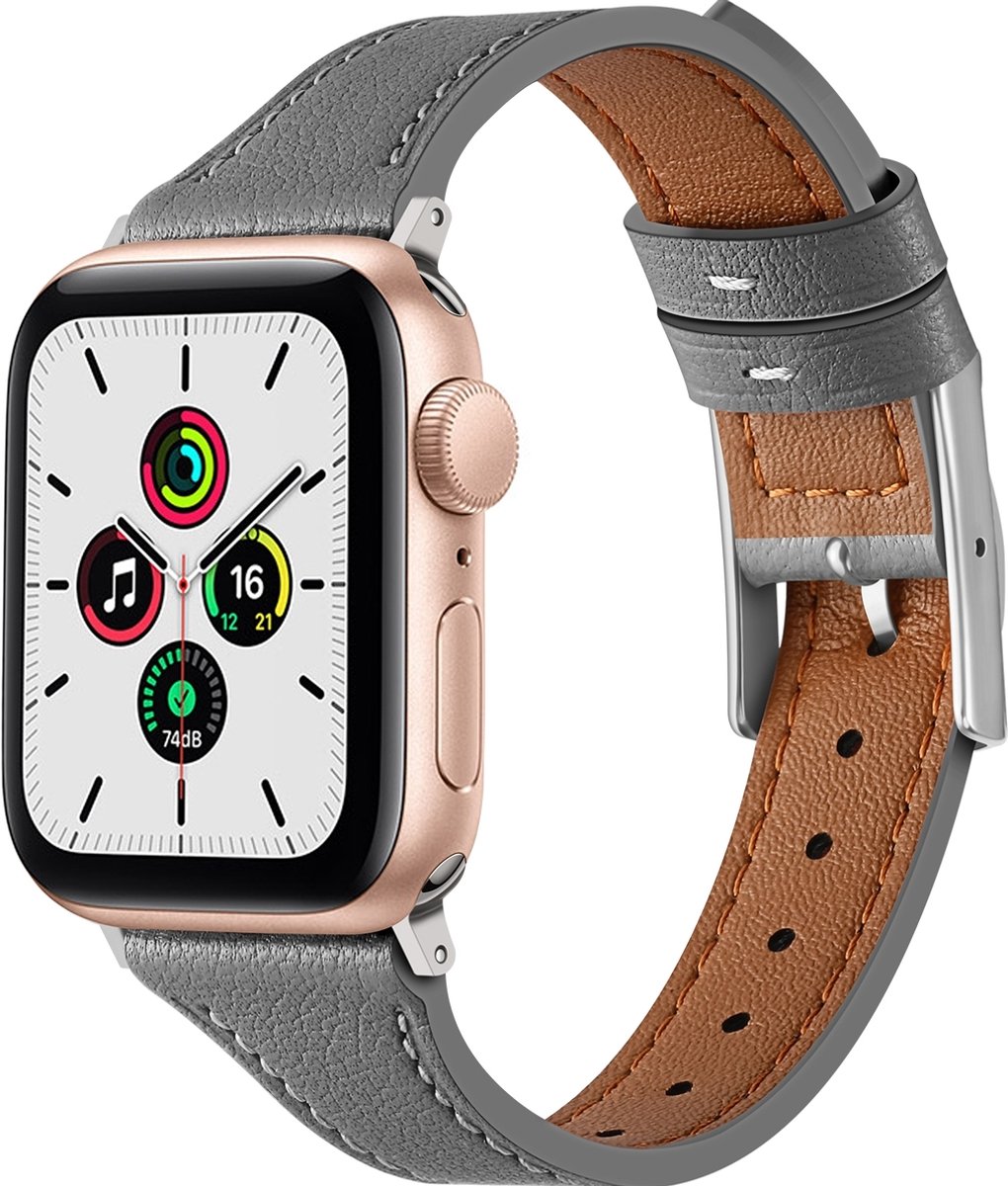 Mobigear Leren Watch bandje geschikt voor Apple Watch Bandje Gespsluiting | Mobigear Napoli - 49/46/45/44 mm - Grijs