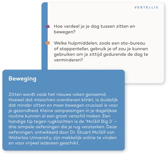 Vertellis Vitaliteit Deck: Vragen over beweging, zoals 'Hoe verdeel je je dag tussen zitten en bewegen?'