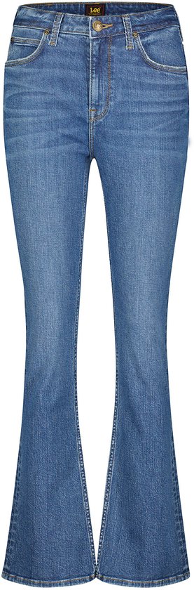 Een bootcut jeans met hoge taille in blauwe denim, zwevend.