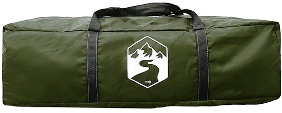 Olijfgroene tent opgeborgen in een draagtas met twee handvatten en een logo.
