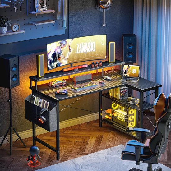 Bestier L-vormig Hoekbureau – Houtnerfbruin – 132 Cm – Met Stopcontacten En LED-verlichting – Omkeerbaar – Met Planken En Haken – Compact Bureau Voor Thuiskantoor – Eenvoudig Te Monteren