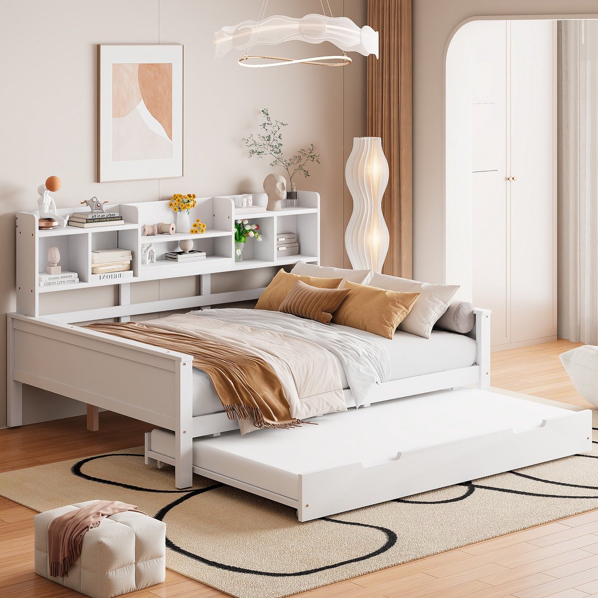 Sweiko Slaapbank - 140*200cm - met Uitschuifbaar bed - Opbergvak - Lattenbodem - Wit